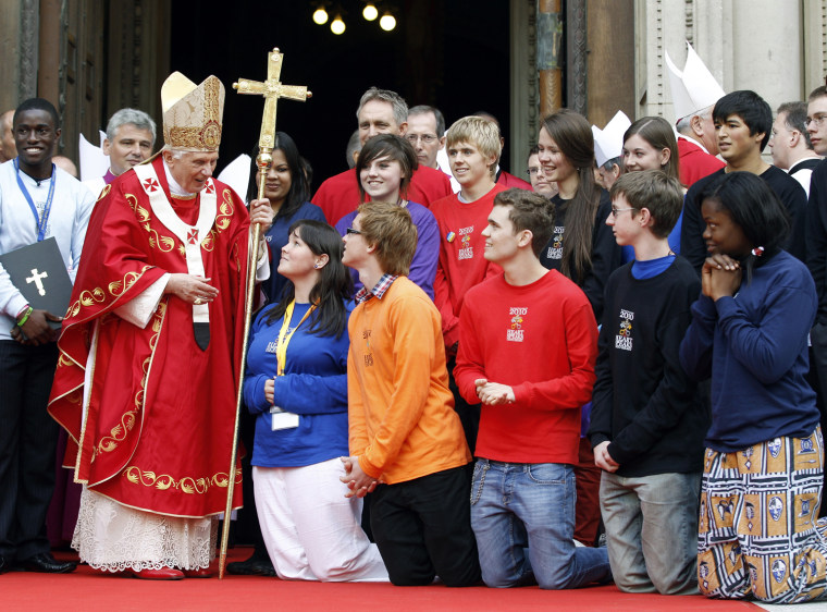 Image: Pope Benedict XVI chats with Catholic youth outside Westminster Cathedral in central London