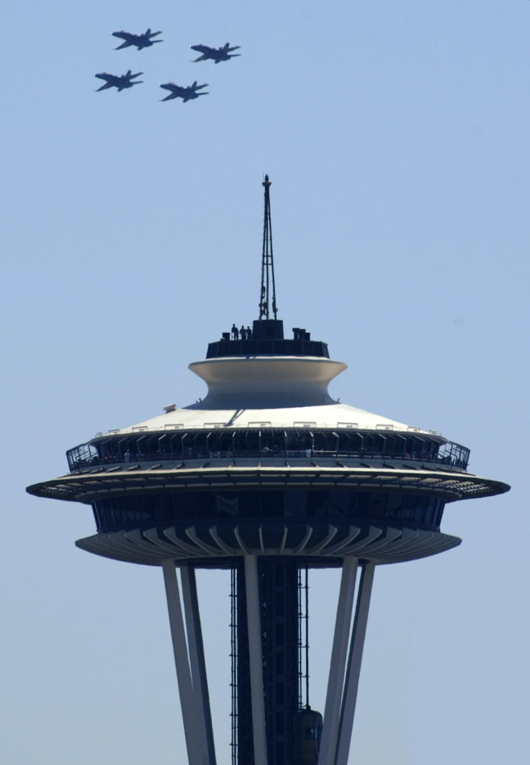 Image: US Navy Blue Angels fly over Space Needle during Seafair festival, Seattle.