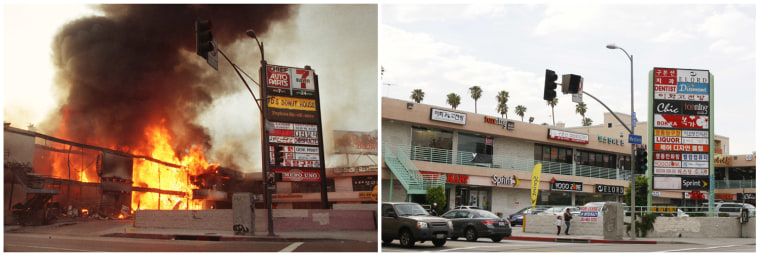 Image: A combination picture shows a corner shopping center that was burned down during the 1992 Los Angeles Riots and after it was fully rebuilt in Koreatown