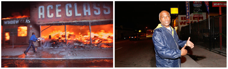 Image: Combination photograph shows Pettus, owner of Payless Market, throwing bucket of water on flames at ACE Glass and narrating events of 1992 Los Angeles Riots in Los Angeles
