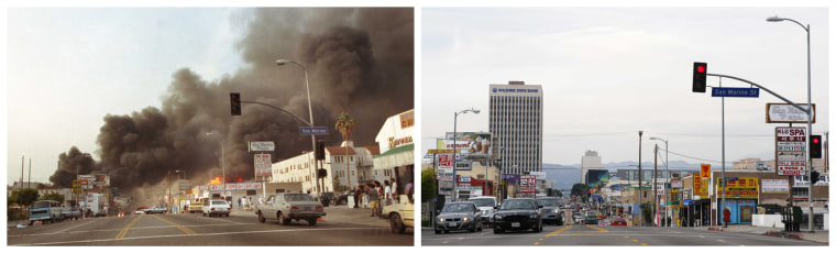 Image: Combination photograph shows South Vermont Avenue at San Marino Street intersection where Korean American businesses line the street in Koreatown, Los Angeles