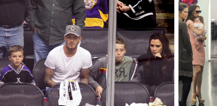 LOS ANGELES, CA - APRIL 15:  (L-R) Cruz Beckham, David Beckham, Brooklyn Beckham and Victoria Beckham attend a playoff hockey game between the Vancouver Canucks and the Los Angeles Kings at Staples Center on April 15, 2012 in Los Angeles, California.  (Photo by Noel Vasquez/Getty Images)
NEW YORK, NY - SEPTEMBER 15:  Fashion designer Victoria Beckham (L) and daughter Harper Beckham shop in Marc Jacobs Soho on September 15, 2011 in New York City.  (Photo by Ray Tamarra/Getty Images)
