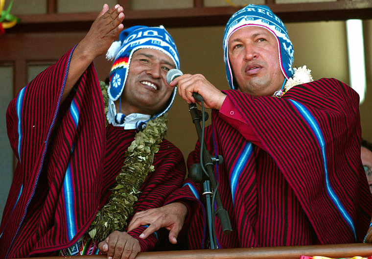 Image: Bolivian President Evo Morales (L) and h