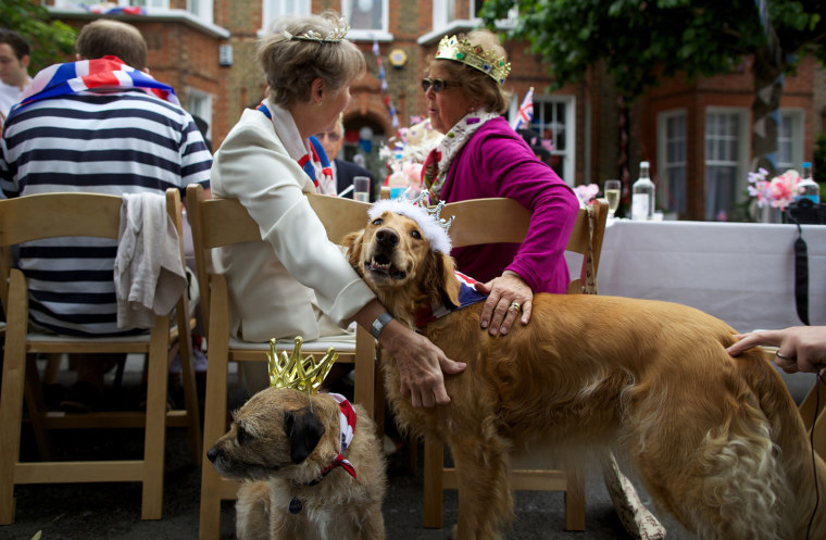 Image: Two women caress two dogs wearing crowns