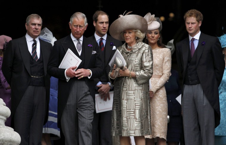 Image: Members of Britain's royakl famly leave St Paul's Cathedral after a thanksgiving service to mark the Queen's Diamond Jubilee, in central London
