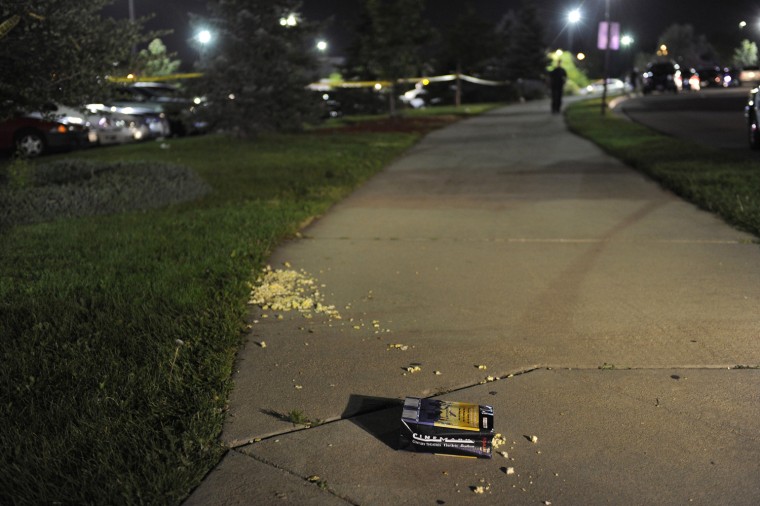 bag of popcorn was abandoned outside an Aurora theatre where a gunmen opened fire on moviegoers Friday morning. Aurora Police responded to the Century 16 movie theatre early Friday morning, July 20, 2012. Twelve persons were killed when a lone shooter opened fire inside the theatre during a midnight screening of The Dark Knight Rises. Karl Gehring/The Denver Post