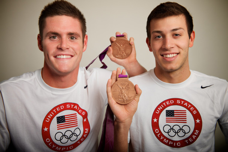 Photo Â© 2012 Neil Leifer -- USA synchronized diving bronze medalists David Boudia, left, and Nick McCrory pose for a portrait by Neil Leifer during the 2012 Olympics in London, UK on July 31, 2012. PROPERTY OF NBC NEWS AND SPORTS ILLUSTRATED. FREE USE IS PERMITTED WITH PERMISSION, BUT MAY NOT BE RESOLD