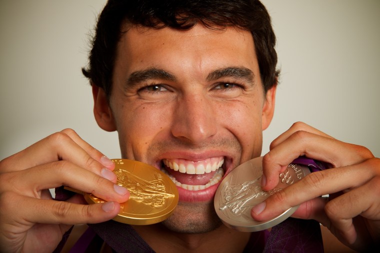 Photo Â© 2012 Neil Leifer -- USA men's 4x200 freestyle swimming relay gold medalist Ricky Berens poses for a portrait by Neil Leifer during the 2012 Olympics in London, UK on August 1, 2012. He also has a silver medal in the 4x100 relay earlier in this Olympics.