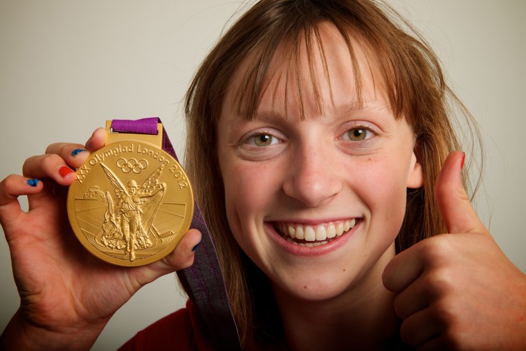2012 Neil Leifer -- USA gold medal swimmer Katie Ledecky poses for a portrait by Neil Leifer during the 2012 Olympics in London, UK on August 6, 2012.  PROPERTY OF NBC NEWS AND SPORTS ILLUSTRATED. FREE USE IS PERMITTED WITH PERMISSION, BUT MAY NOT BE RESOLD