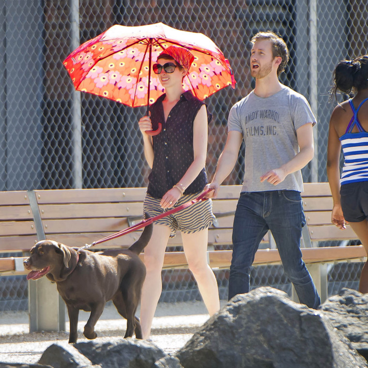 Anne Hathaway and Adam Shulman Walking their Dog Esmeralda