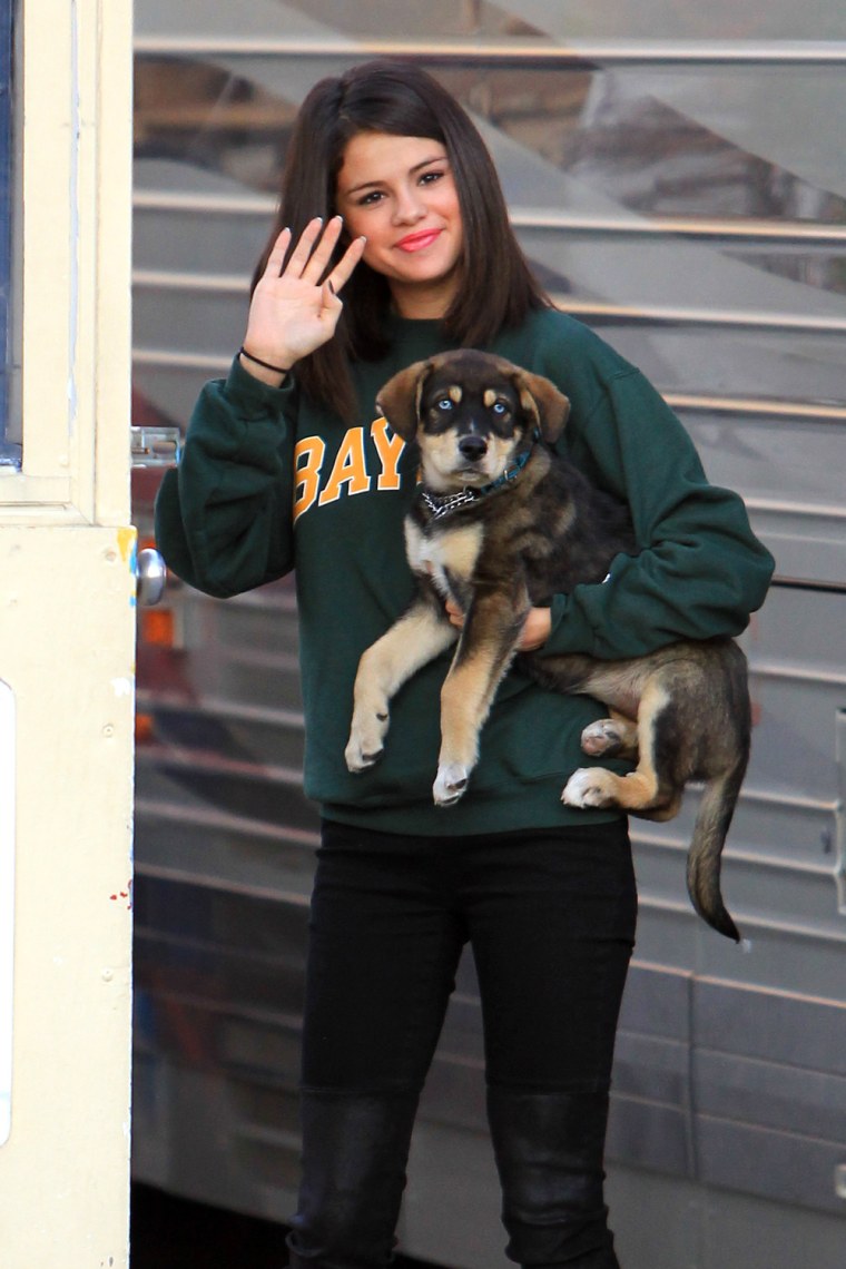 Selena Gomez holds her new puppy Bailer.