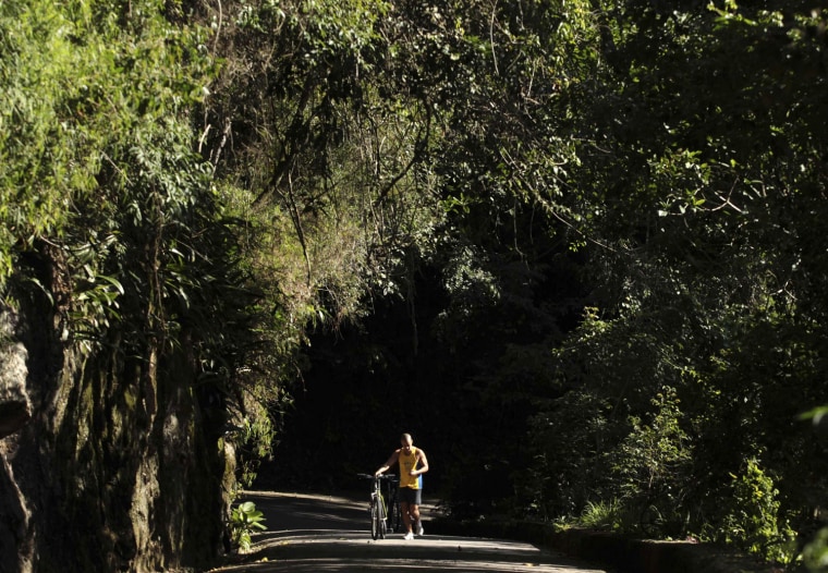 Image: A man walks with his bicycle through the Tijuca Forest in Rio de Janeiro