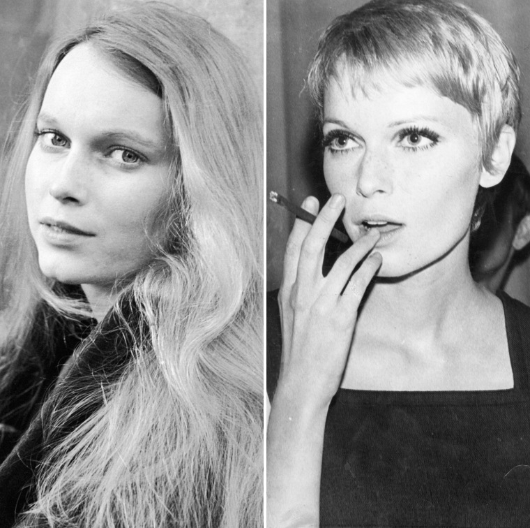 American actress Mia Farrow wearing her hair long, circa 1964. (Photo by Graham Stark/Hulton Archive/Getty Images) 

4th May 1967:  Mia Farrow American leading lady, smoking a cigar.  (Photo by Hulton Archive/Getty Images)