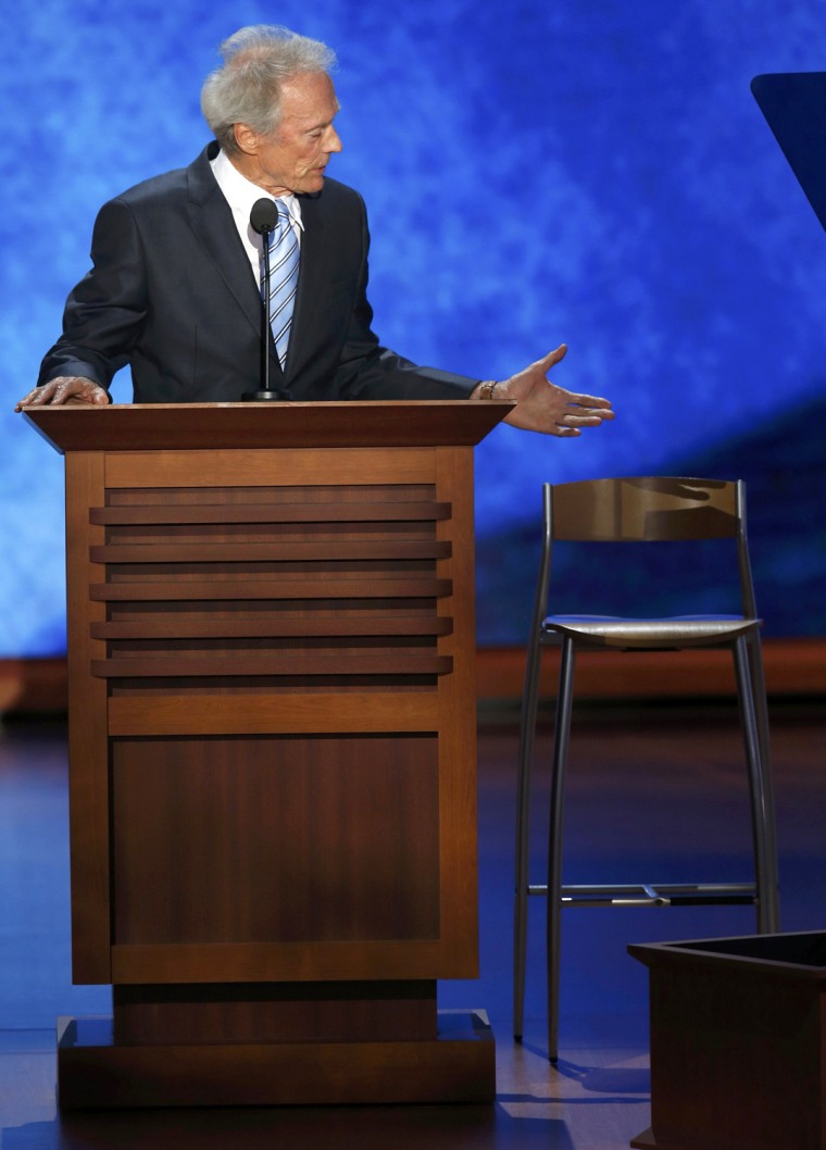 Image: Actor Clint Eastwood addresses an empty chair and questions it as if it were President Barack Obama as he endorses Republican presidential nominee Mitt Romney during the final session of the Republican National Convention in Tampa