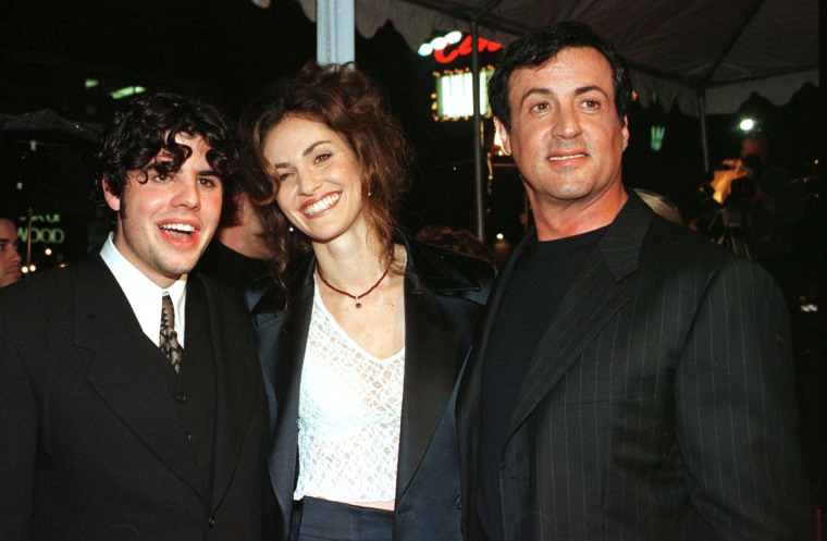 Image: File photo of Sage Stallone at the premier for \"Daylight\" with Amy Brenneman and his father Sylvester Stallone