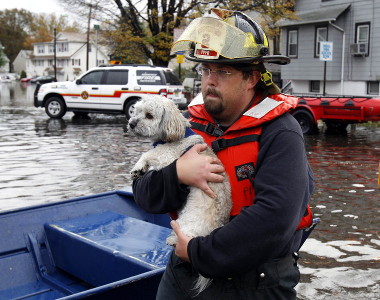 Image: An fireman carries a residents dog to safety from flood waters brought on by Hurricane Sandy in Little Ferry