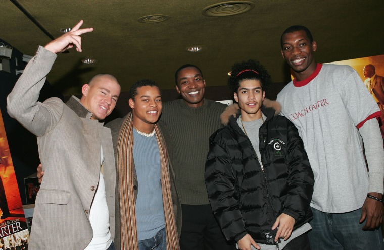 (L to R) Actors Channing Tatum, Robert Ri'Chard, Isiah Thomas, president of New York Knicks, actors Rick Gonzalez and Nana Gbewonyo arrive at a screening of 'Coach Carter' for New York area high school students at the Clearview Chelsea West theater December 13, 2004 in New York City.