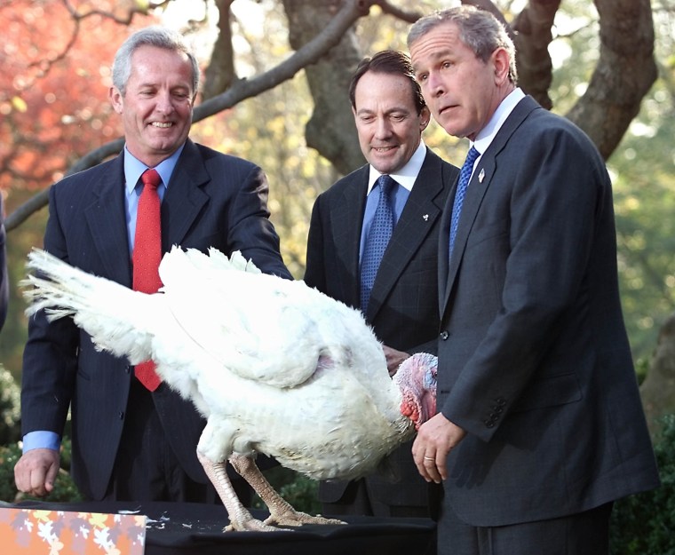 US President George W. Bush(R) joined by turkey fa