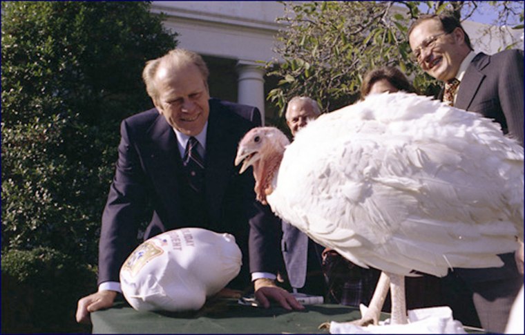 President Ford reprieves a Thanksgiving turkey presented by the National Turkey Federation. November 20, 1975.

Gerald R. Ford Presidential Library