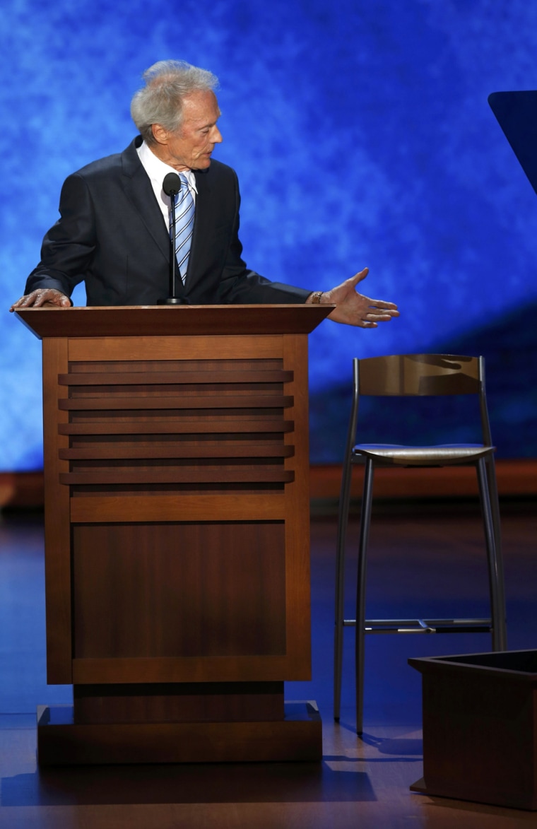 Image: Actor Clint Eastwood addresses an empty chair and questions it as if it were President Barack Obama as he endorses Republican presidential nominee Mitt Romney during the final session of the Republican National Convention in Tampa