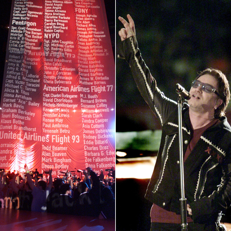 U2 performing while a list of people who died in the September 11th tragedy's scrolls behind them on the Super Bowl XXXVI - Halftime Show at the Louisiana Superdome in New Orleans, LA., 2/3/02. Photo by Frank Micelotta/ Getty Images