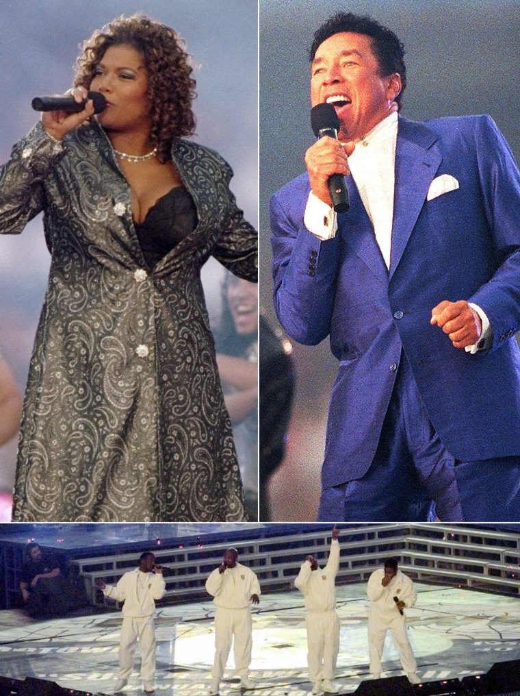 Motown legend Smokey Robinson performs during halftime at Super Bowl XXXII in San Diego, CA 25 January. The show celebrated the 40th anniversary of Motown Records.  

Queen Latifah performs during the half-time show during Super Bowl XXXII between the Denver Broncos and the Green Bay Packers at Qualcomm Stadium in San Diego, California.

Musical group \"Boyz 2 Men\" perform during the halftime show of Super Bowl XXXII Sunday, Jan. 25, 1998, at San Diego's Qualcomm Stadium.