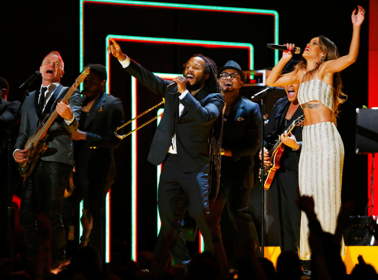 Image: Sting,  Marley, Bruno Mars, and Rihanna perform a tribute to Bob Marley at the 55th annual Grammy Awards in Los Angeles