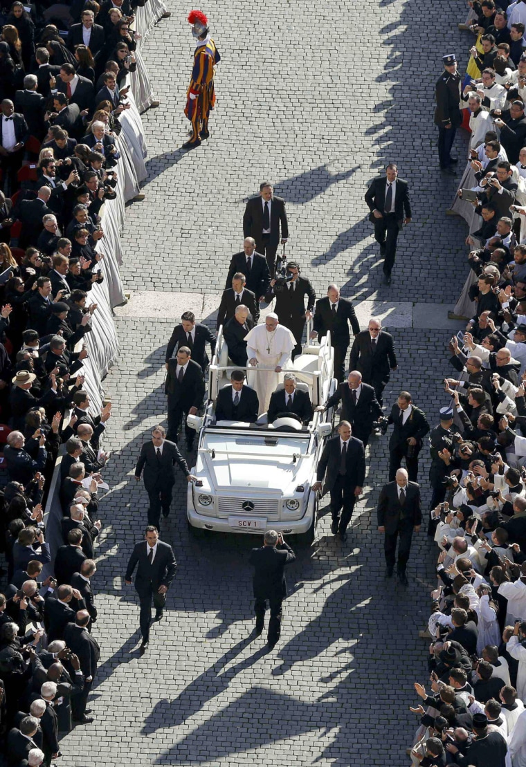 Image: Pope Francis arrives in Saint Peter's Square for his inaugural mass at the Vatican