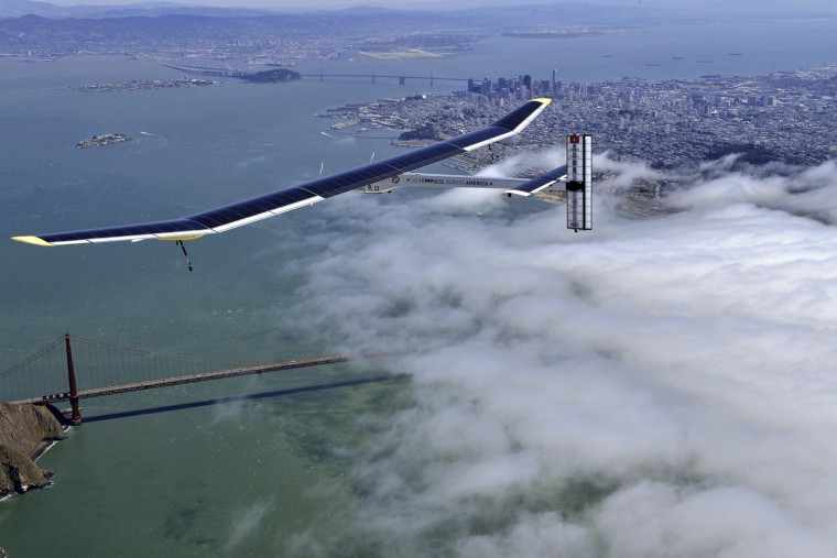 Image: The Solar Impulse cross-country electric aircraft flies over the Golden Gate Bridge while doing maneuvers in Marin County