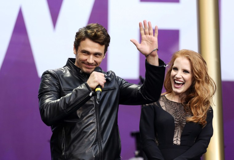 Image: Actors Franco and Chastain speak at \"The Sound of Change\" concert at Twickenham Stadium in London