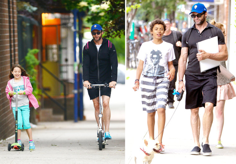 -New York, NY -06/10/2013 Actor Hugh Jackman and his daughter Ava Jackman spotted Scooting riding 
-PICTURED: Hugh Jackman and his daughter Ava Jackman