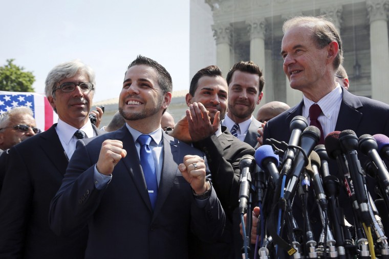 Image: Zarrillo and Katami, plaintiffs in the case against California's gay marriage ban known as Prop 8, and Boies talk to reporters otuside the Supreme Court in Washington