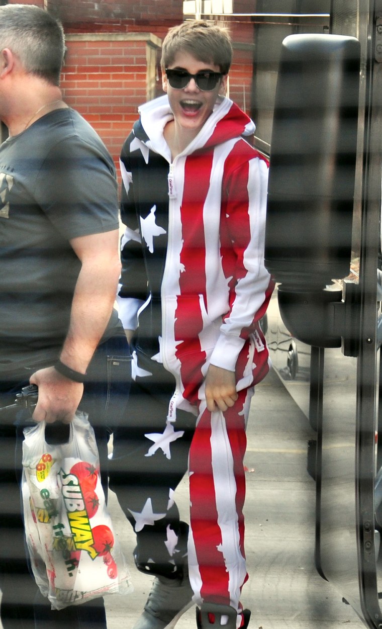 USA ONLY Justin Bieber wearing an American flag in the UK