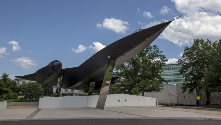The Lockheed A-12 OXCART aircraft was developed for the CIA as a reconnaissance aircraft and used to collect intelligence over North Korea and North Vietnam. A CIA A-12 was able to find the USS Pueblo, a Navy intelligence gathering ship that had been seized by the North Korea, in a North Korean port. After 29 missions the planes were replaced by the U.S. Air Force's similar SR-71 program. The plane seen here was recently installed on the CIA grounds. The two stars on the base represent two pilots who were killed during training missions.