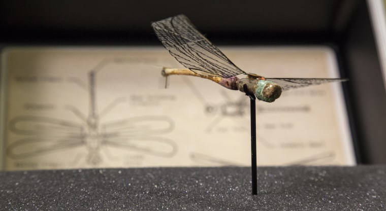 Saturday, July 29, 2013, in McLean, VA (John Makely / NBC News)
The CIA museum
INSECTOTHOPTER Developed by CIAÕs Office of Research and Development in the 1970s, this micro unmanned aerial vehicle (UAV) was the first flight of an insect-sized vehicle (insectothopter). It was intended to prove the concept of such miniaturized platforms for intelligence collection.
Insectothopter had a miniature engine to move the wings up and down. A small amount of gas was used to drive the engine, and the excess was vented out the rear for extra thrust. The flight tests were impressive. However, control in any kind of crosswind proved too difficult