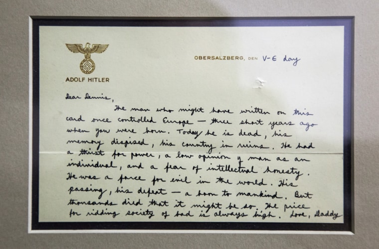 Saturday, July 29, 2013, in McLean, VA (John Makely / NBC News)
The CIA museum.
LETTER FROM FUTURE CIA DIRECTOR RICHARD HELMS TO HIS YOUNG SON, WRITTEN ON A SHEET OF HITLERÕS PERSONAL STATIONARY, Dated May 8, 1945 (Victory in Europe Day), the note began:
ÒDear Dennis, The man who might have written on this card once controlled EuropeÑthree short years ago when you were born. Today he is dead, his memory despised, his country in ruins.Ó