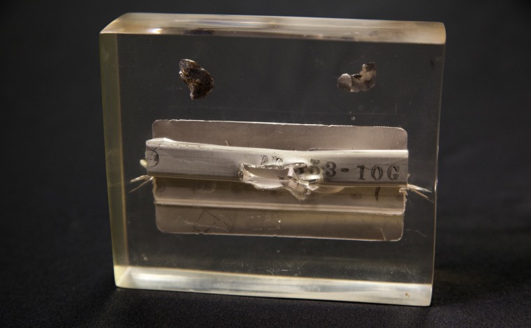 Saturday, July 29, 2013, in McLean, VA (John Makely / NBC News)
The CIA museum.
Shrapnel and a section of wing damaged when a surface to air missile exploded near an A-12 Oxcart during a mission over North korea in 1967.