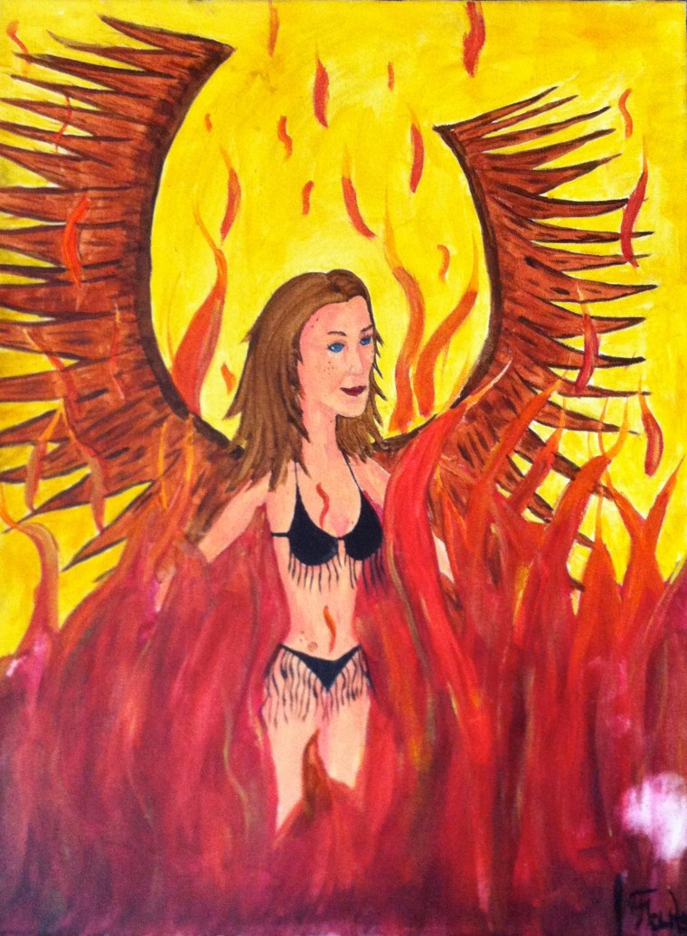 HOT, HOT, HOT
Illegible
24\" x 18\", oil on canvas
Anonymous donation, December 2012

A comely woman in a fringed bikini stands unfazed by leeches and engulfing flames: metaphorical reminders of the enigmatic hazards of feminine beauty.