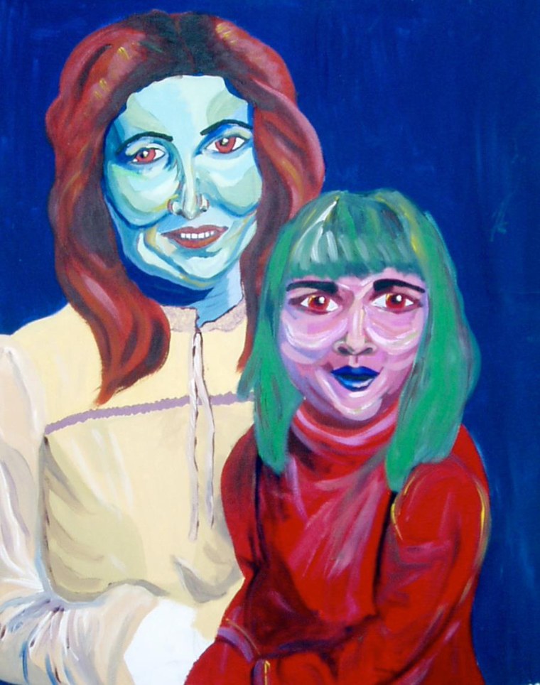 MAMA AND BABE
Sarah Irani
24\"x18\", acrylic on canvas
Donated by the artist
MOBA #59

The flesh tones bring to mind the top shelf liquors of a border bistro.
The artist flirts with caricature and captures the features of Mama's face which reminds us of a former first lady. The upright marionettish pose of the babe hints that the early bond between mother and child is as formal as it is familiar.