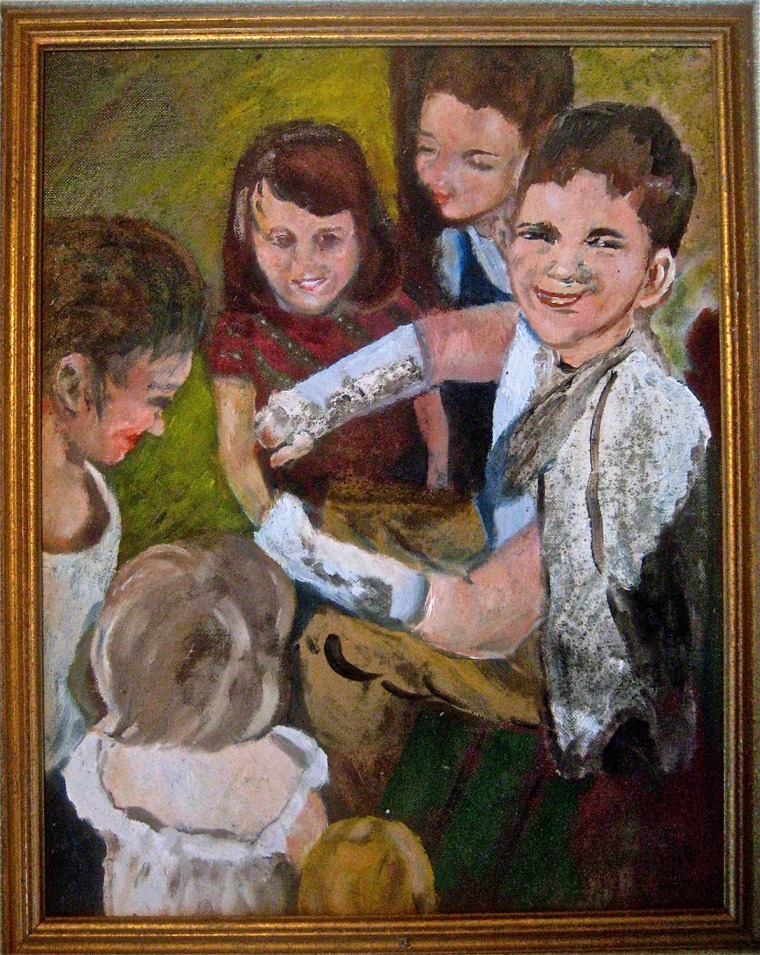 LOOK MA, NO HANDS!
Anonymous
14\"x11\", oil on artboard
Purchased at a church fair in Hancock, ME
Donated by Priscilla Ellis and Robert Crabtree, May, 2012

While the image has a Norman Rockwellian charm, it is probably best appreciated as an illustration of the creative devices to which artists sometimes resort to avoid the difficult challenge of painting human hands.