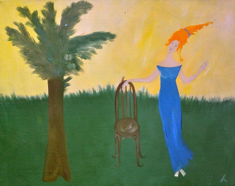 MALINOVKA
(Robin)
Tatyana Lyarson (Kazan, Russia) 1998
40cm x 50cm, oil on canvas
Purchased by M. Frank at a Boston thrift store
January, 2012

The young woman's head is slightly atilt under the weight of impossibly orange hair in this idyllic tableau. A tiny songbird has alighted from the dwarf tree bearing two green apples onto a one dimensional chair, contemplating the coiffure as a potential new home.c