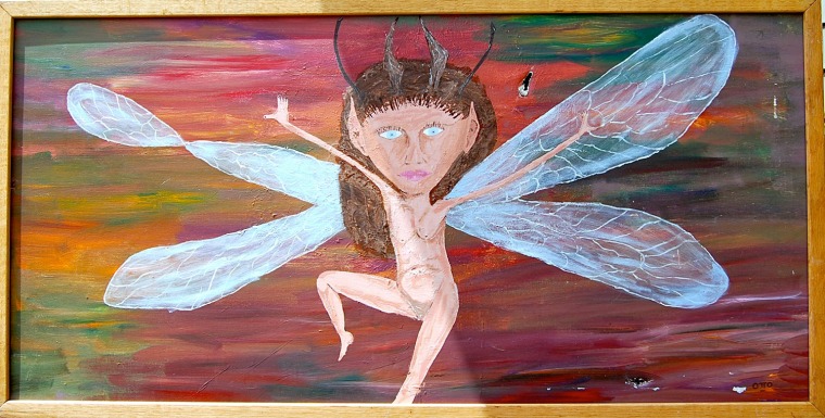 WINGED PIXIE
Otto
24\" x 48\", acrylic on canvas
Donated by Sarah Derven
MOBA #229

Otto depicts a diminutive dancing pixie, taut with energy, desperately attempting to flee an over active mind. The facial expression recalls a deer caught in the headlights, and the limbs are stretched to twig-like hands, ready to snap. The artist captures the tension of frantic activity coupled with indecision in this portrait of an incredible shrinking woman.