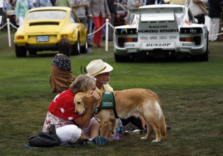 Image: A guest hugs her guide dog during the Concours d'Elegance in Pebble Beach