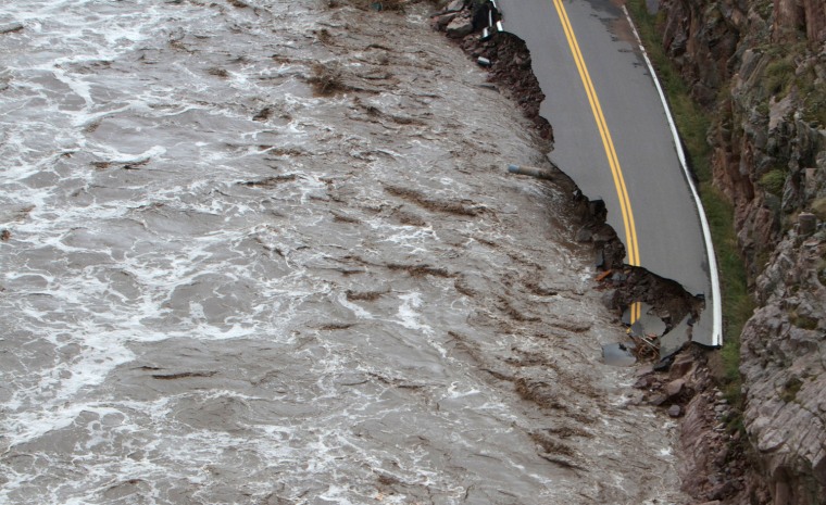 Image: Highway 34 being destroyed toward Estes Park , Colo. as flooding continues to devastate the Colorado Front Range