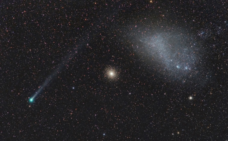 Highly Commended
Cosmic Alignment Comet Lemmon, GC 47 Tucanae, and the SMC Â© Ignacio Diaz Bobillo (Argentina)
At a glance, this image may seem like a post-processed montage of objects from three separate images. However the truth is that they were all captured together providing the viewer with an amazing view of the Solar System, galaxy and Universe. Comet Lemmon only comes into our neighbourhood every 11,000 years, racing around our Sun and back out to the far reaches of the Solar System. The light from the globular cluster in the centre of this image took a journey of over 16,000 years to reach Earth. The furthest object in the image is a dwarf galaxy called the Small Magellanic Cloud whose starlight takes 200,000 years to reach us.