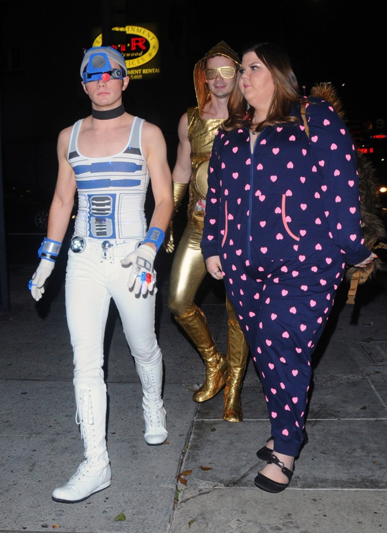 Chris Colfer and Ashley Fink arrive at Warwick Club with a friend for a Halloween party in Los Angeles