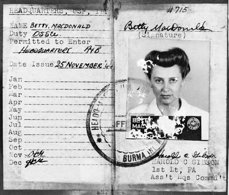 Image of Betty MacDonald's headquarters pass when she was stationed in Burma in 1944 with the OSS.