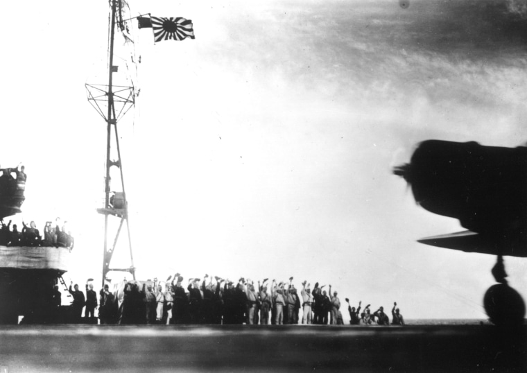 This photograph, from a Japanese film later captured by American forces, is taken aboard the Japanese aircraft carrier Zuikaku, just as a Nakajima \"Kate\" B-5N bomber is launching off deck for the second wave of the attack on Pearl Harbor, Hawaii, on December 7, 1941. (AP Photo)