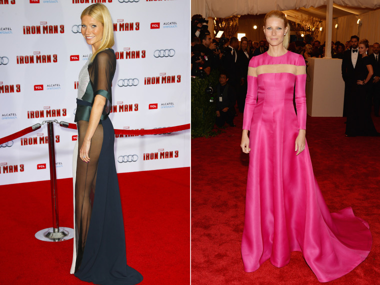 Left: HOLLYWOOD, CA - APRIL 24:  Actress Gwyneth Paltrow attends the premiere of Walt Disney Pictures' 'Iron Man 3' at the El Capitan Theatre on April 24, 2013 in Hollywood, California.  (Photo by Imeh Akpanudosen/Getty Images)

Right: NEW YORK, NY - MAY 06:  Gwyneth Paltrow attends the Costume Institute Gala for the \"PUNK: Chaos to Couture\" exhibition at the Metropolitan Museum of Art on May 6, 2013 in New York City.  (Photo by Dimitrios Kambouris/Getty Images)