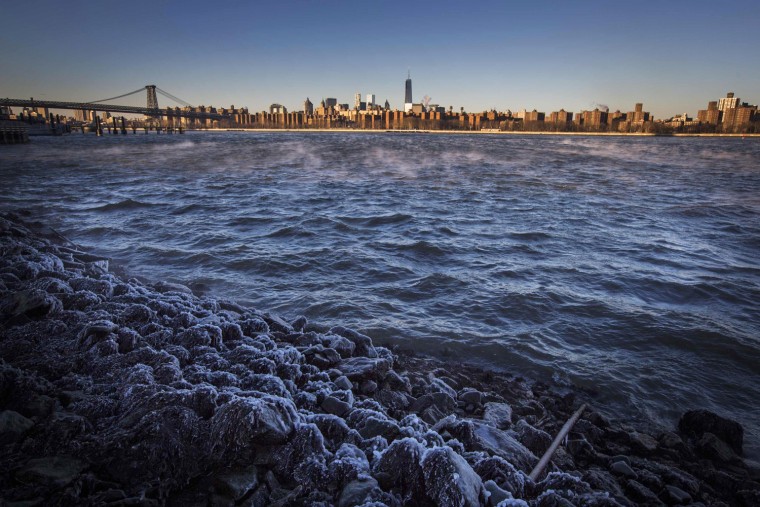 Image: Ice forms on the shore of the East River due to unusually low temperatures caused by a Polar Vortex in New York
